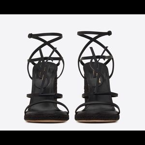 YSL CASSANDRA WEDGE ESPADRILLES IN LEATHER WITH BLACK MONOGRAM. Size 36.5